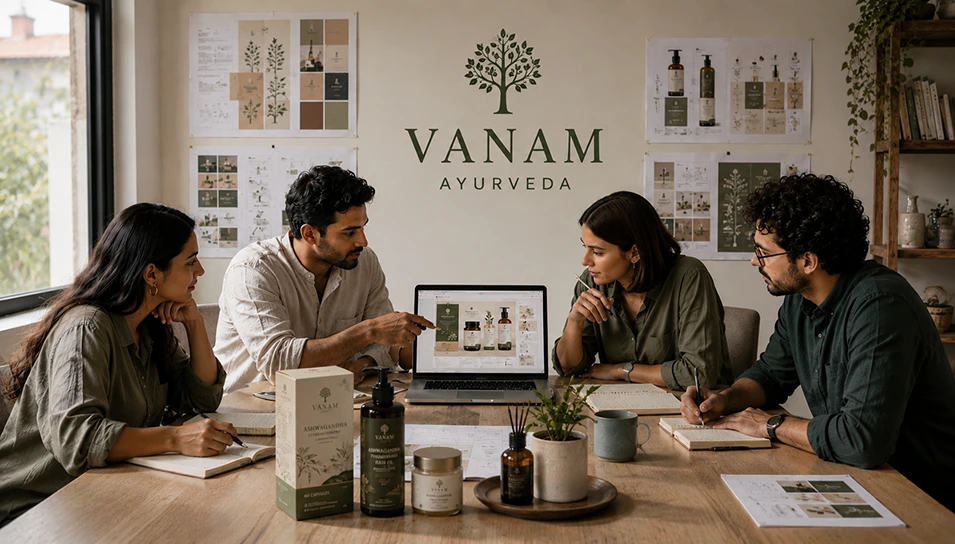 Ayurvedic brand team reviewing packaging design mockups and labels together in a studio, representing the agency design process.