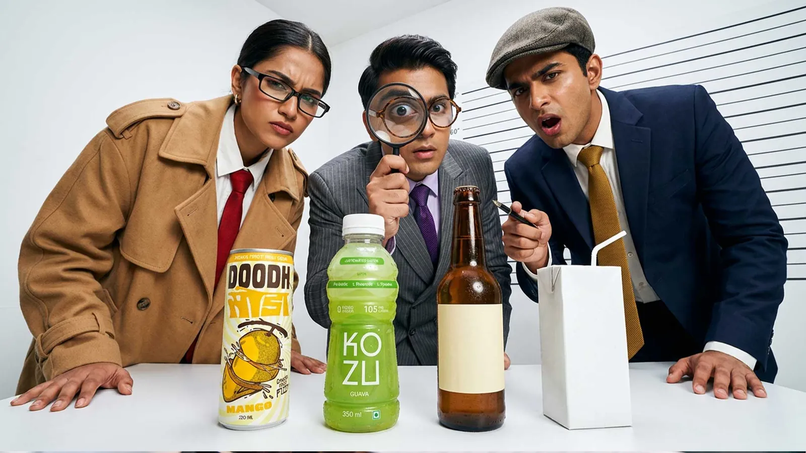 Doodh Soda can, Kozu PET bottle, amber glass bottle and a plain carton lined up on a table for comparison