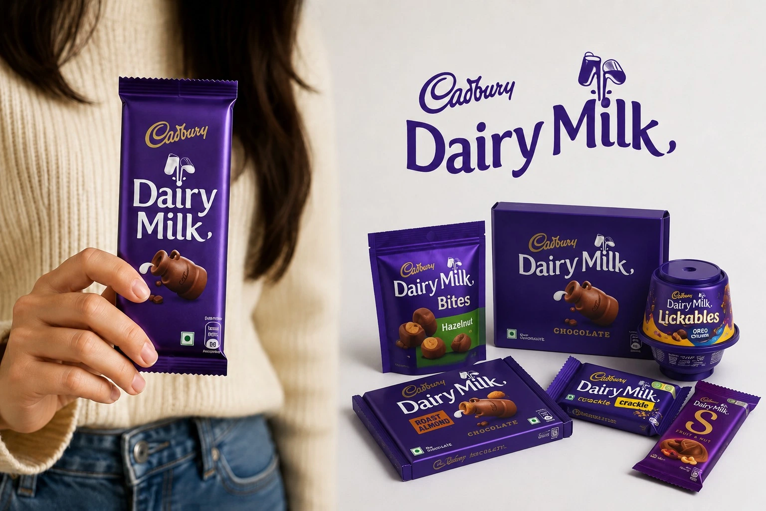 Example of consistent confectionery brand identity across chocolate bars, snacks, and packaged products.