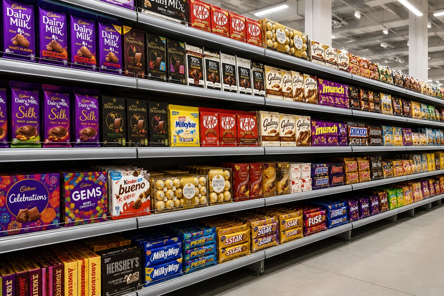 Confectionery products competing for attention on a retail shelf, highlighting the importance of branding and packaging design.