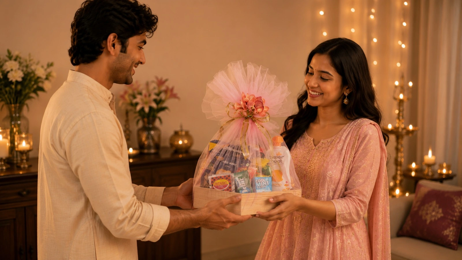 Consumers exchanging a confectionery gift hamper during a festive celebration, illustrating gifting-focused confectionery branding.