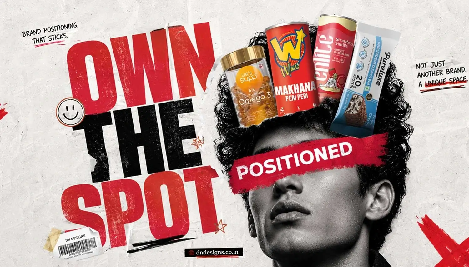DN Designs promotional graphic featuring CPG product packaging emerging from a person's head with the typography 'Own The Spot'.