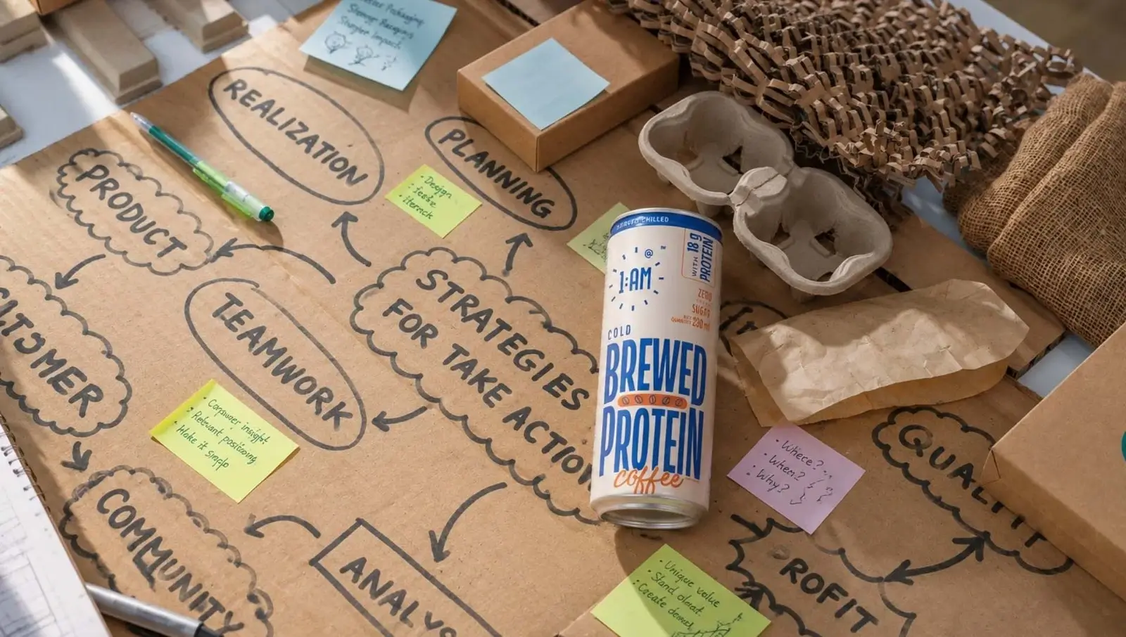 A brand strategy board with sticky notes mapping product, customer, teamwork, planning, and community around a canned beverage.