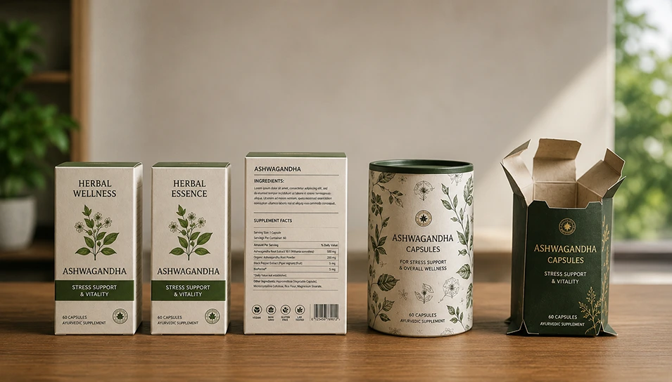 Generic-looking herbal supplement boxes and an open pouch, illustrating common packaging design mistakes that undercut brand trust.