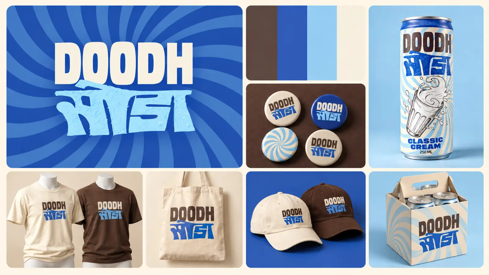 Comprehensive brand identity collection by DN Designs for Doodh Soda, showcasing the blue typography logo, color palette swatches, soda cans, custom t-shirts, tote bags, caps, pin badges, and a 6-pack carton box.