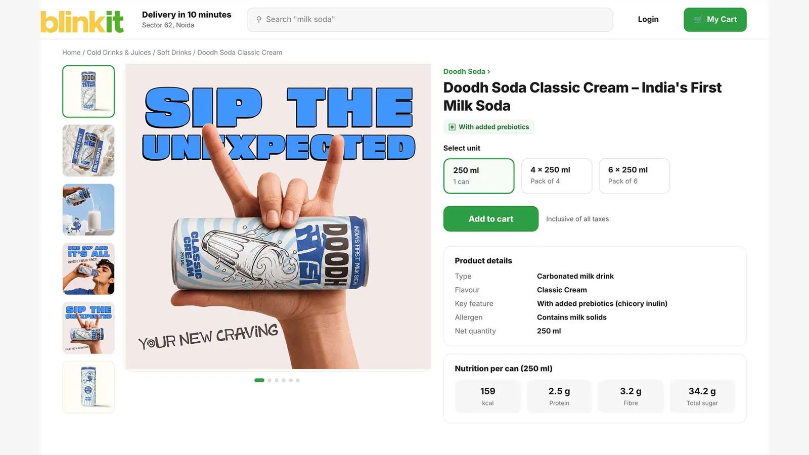 Quick-commerce product page mock-up for Doodh Soda Classic Cream showing a gallery of listing images and nutrition details