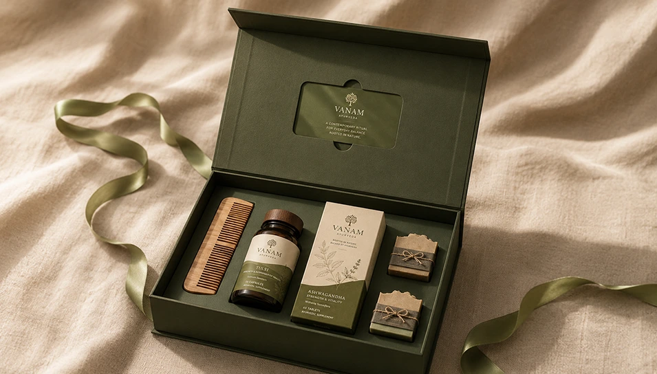 Curated ayurvedic gift box set with comb, capsule bottle, and soaps, showing a cohesive brand system across a full SKU range.