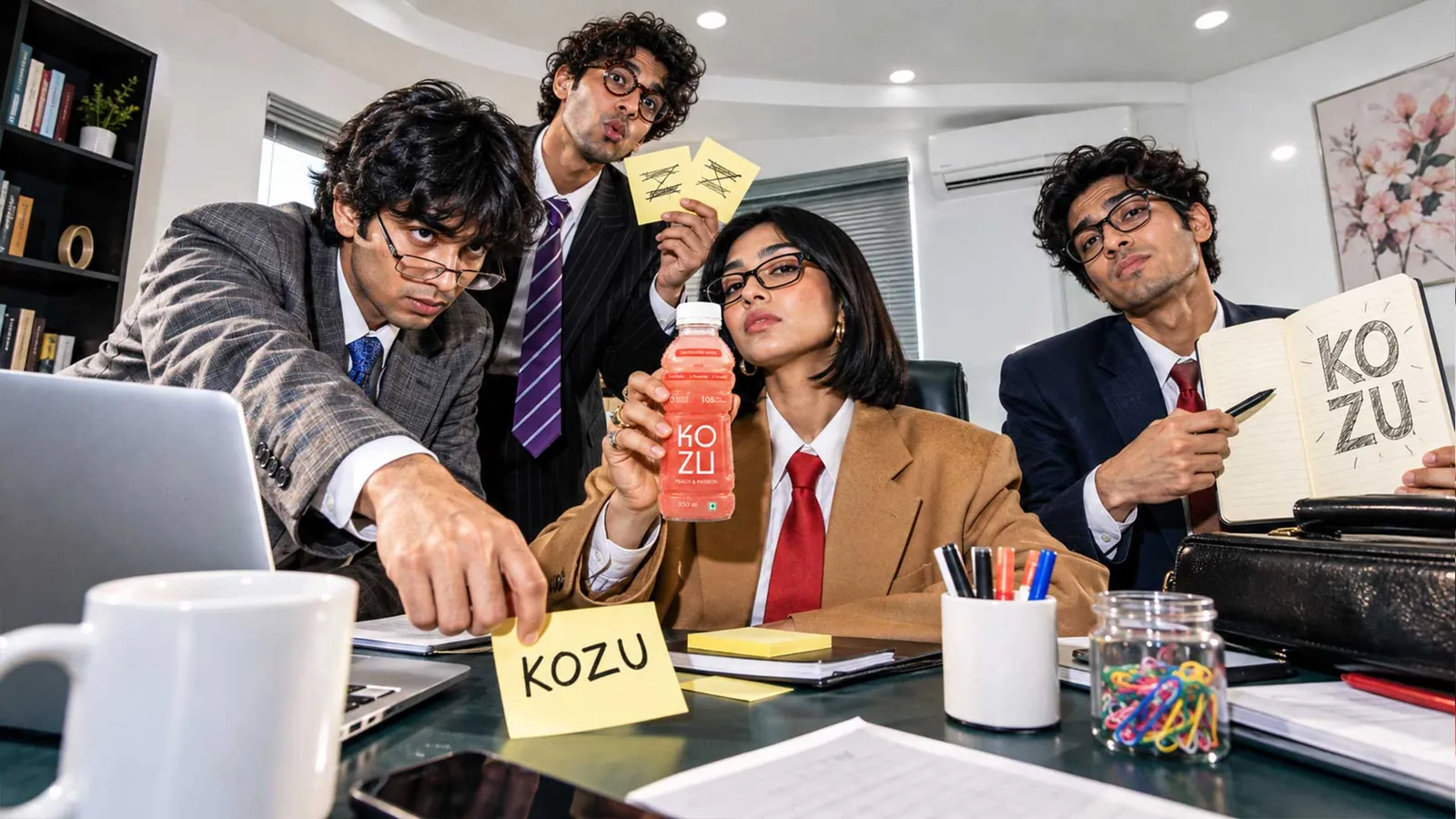 Four people workshopping the Kozu brand name with sticky notes, a notebook sketch and a peach and passion bottle