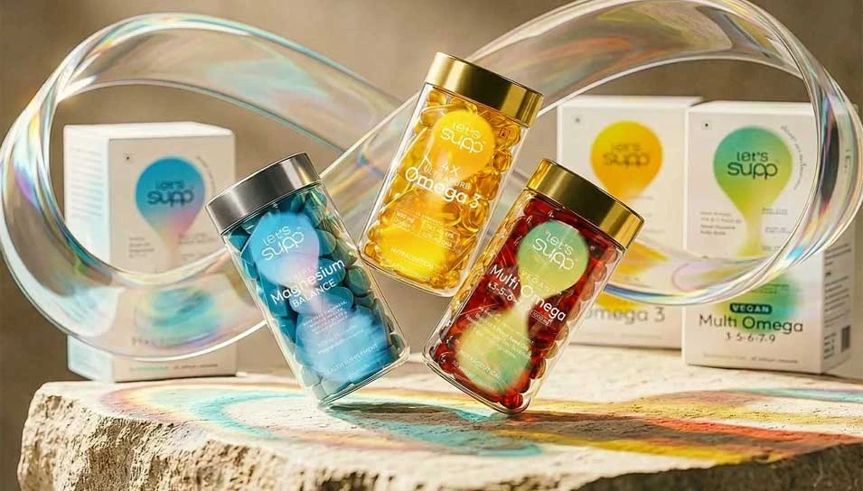 Let's Supp supplement product range featuring a cohesive wellness branding system with consistent nutraceutical packaging design across multiple products