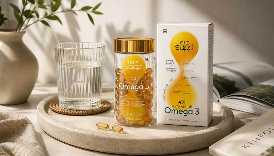 Lifestyle photography of Let's Supp magnesium supplement highlighting wellness branding, premium packaging design and everyday health routine