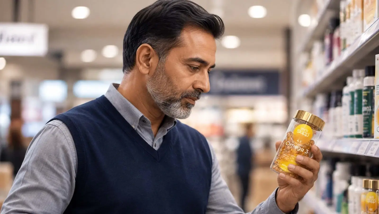 Shows a consumer actually holding a product in a retail aisle, visually illustrating 