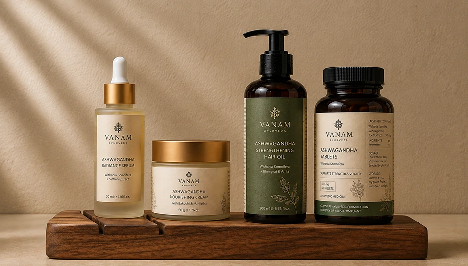 Ayurvedic skincare serum, cream, hair oil, and medicinal tablets lined up together, each with a distinct packaging design language.
