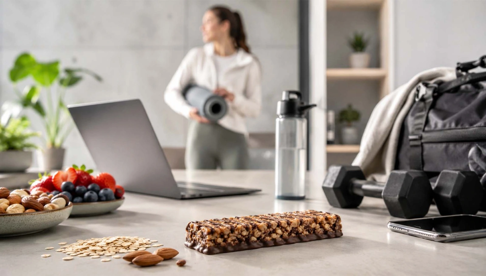 Protein bar placed on a kitchen counter with fruit, nuts, water bottle and workout equipment.