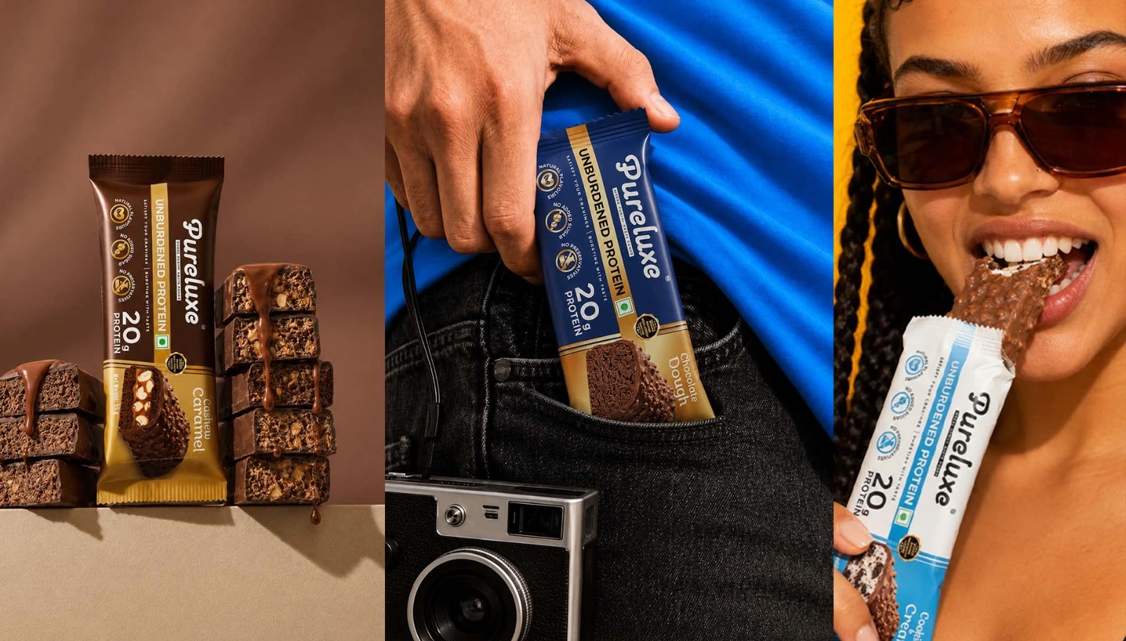 Pureluxe chocolate protein bar containing 20g of protein, shown in its packaging and being enjoyed as a snack