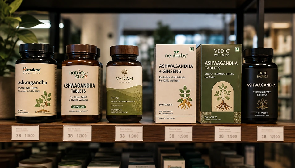 Row of competing ashwagandha supplement brands with price tags on a store shelf, useful for auditing your packaging against competitors.
