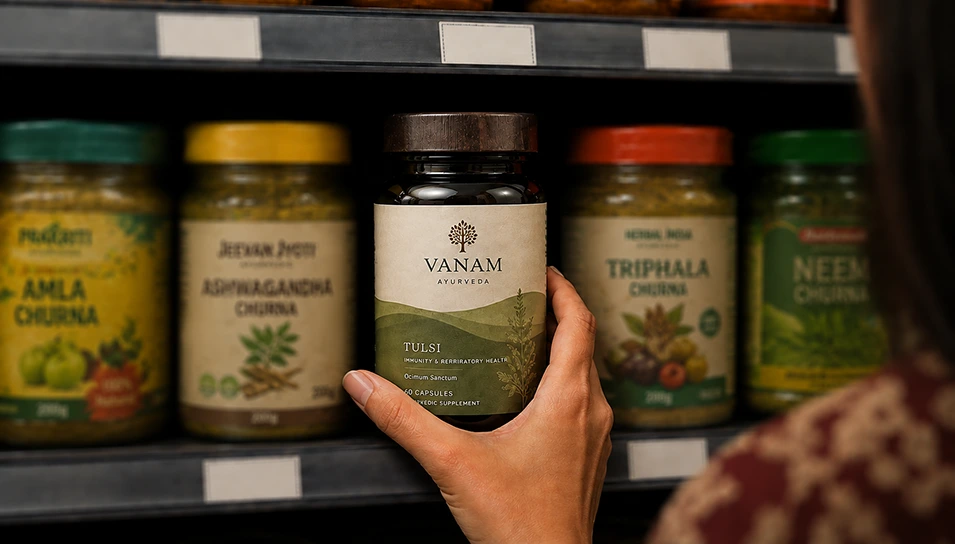 Shopper picking up an ayurvedic supplement bottle off a store shelf, illustrating stronger shelf pickup rate from strategic packaging design.
