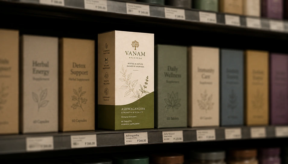 Ayurvedic supplement box on a retail shelf among competing wellness brands, illustrating the split-second shelf decision.