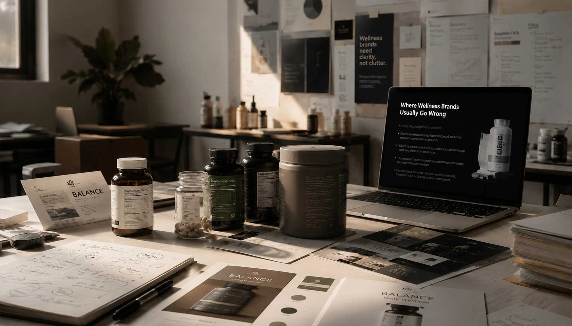 A supplement brand workspace with product bottles, packaging mockups, sketches, and printed brand materials spread across a desk, alongside a laptop displaying a presentation about common wellness-brand mistakes.
