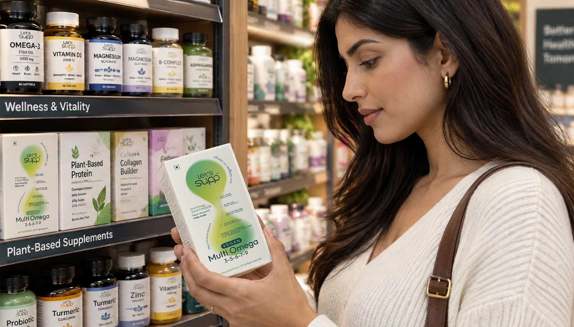 A woman browses a wellness store shelf of dietary supplements, holding a box of plant-based multi-omega capsules while looking at products labeled omega-3, vitamin D3, magnesium, and other vitamins