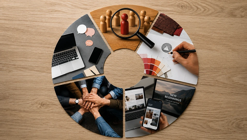 Rebranding process showing brand positioning, messaging, visual identity, culture alignment, and customer perception