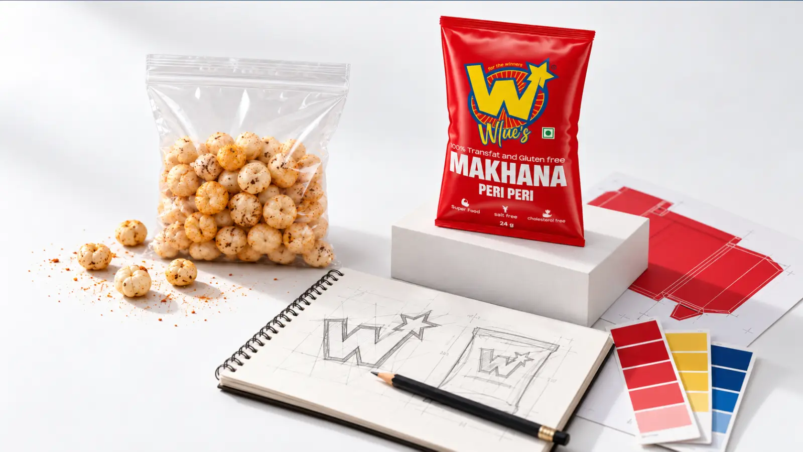 Product branding display by DN Designs featuring a sketchbook with logo concepts, color swatches, a transparent pouch of roasted makhana snacks, and a finished red pouch for Wlue's Peri Peri Makhana on a white display block.