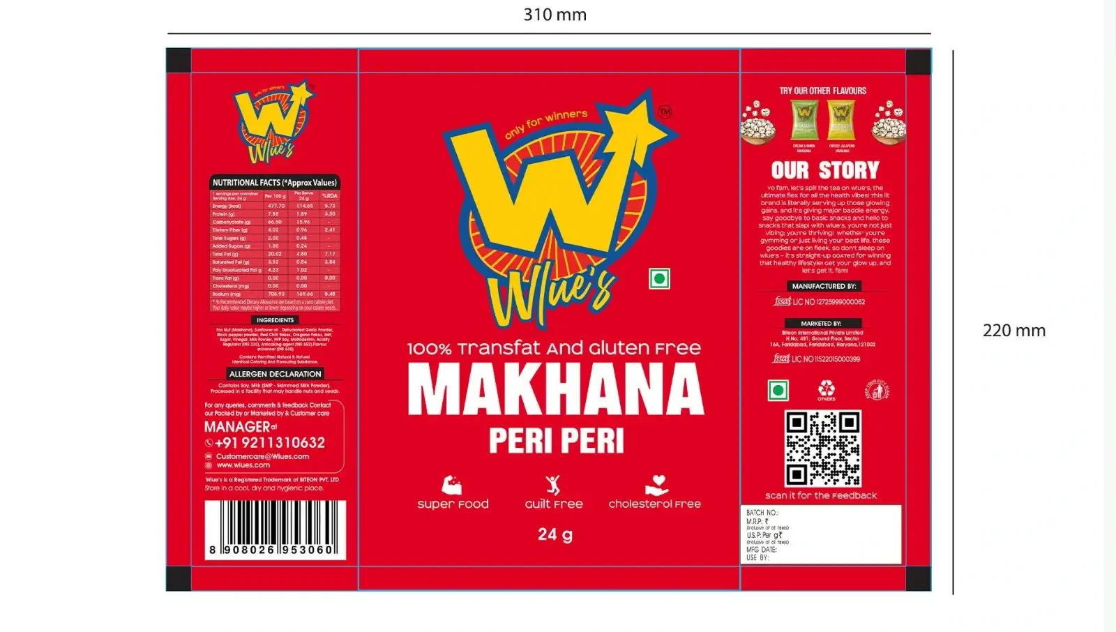 Features technical measurements (310 mm x 220 mm), flat pouch layouts, and nutritional specs—visually demonstrating the real-world production side of packaging design.