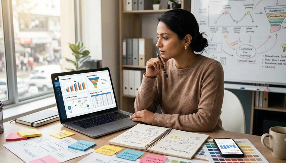 Marketing strategy planning with analytics dashboard, customer journey mapping, and brand research workspace