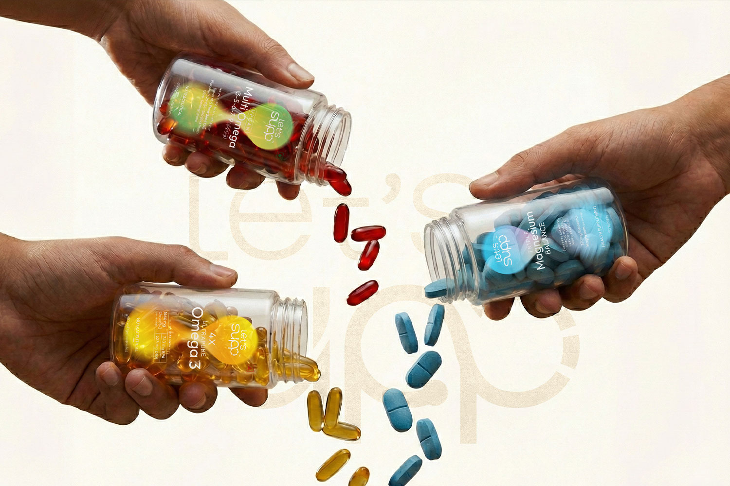 The Let's Supp packaging structure, with brand anchoring at the top, information in the transition zone, and the product expression at the base