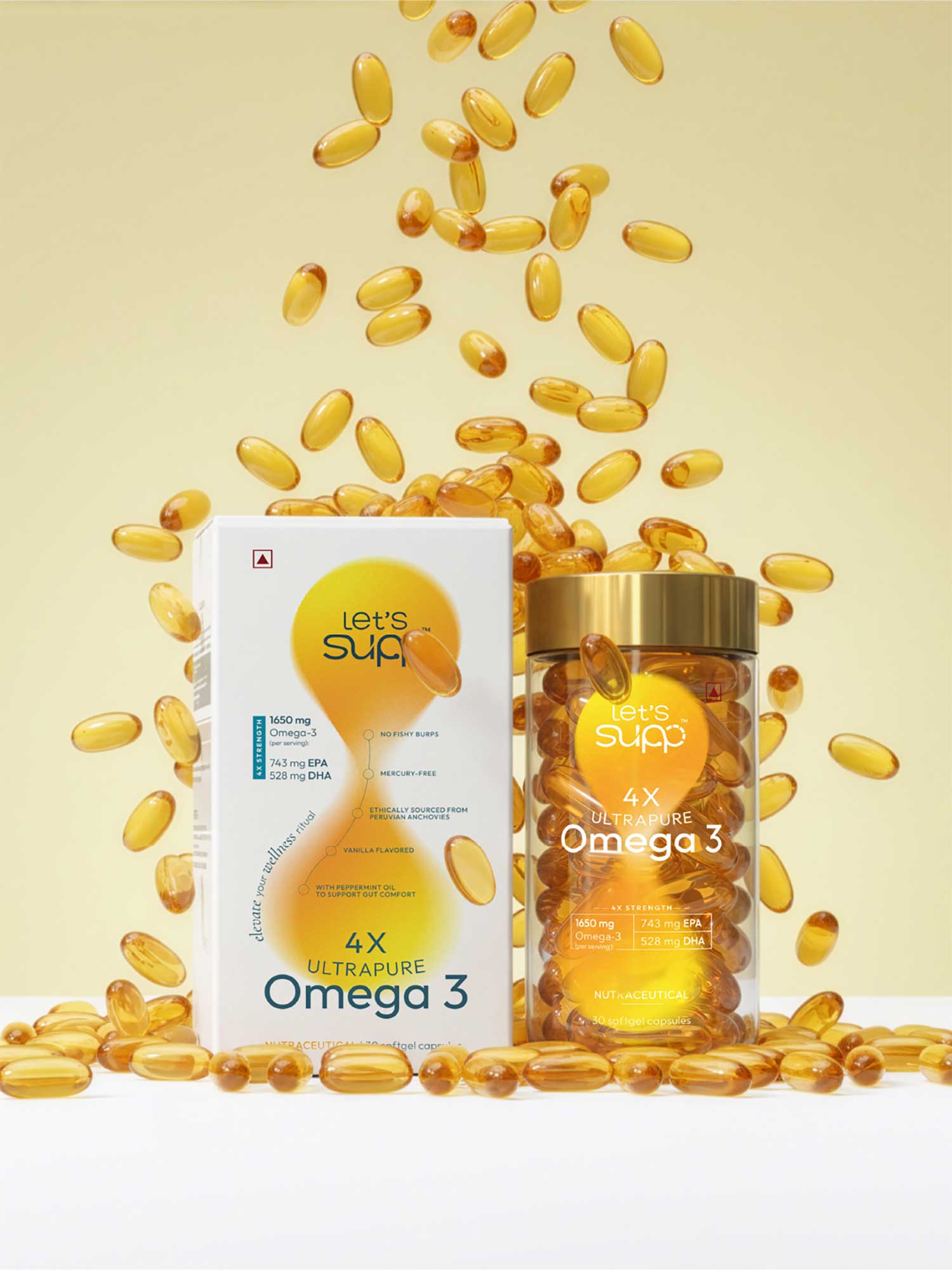 Let's Supp Omega 3 packaging with a transparent container and structured information hierarchy