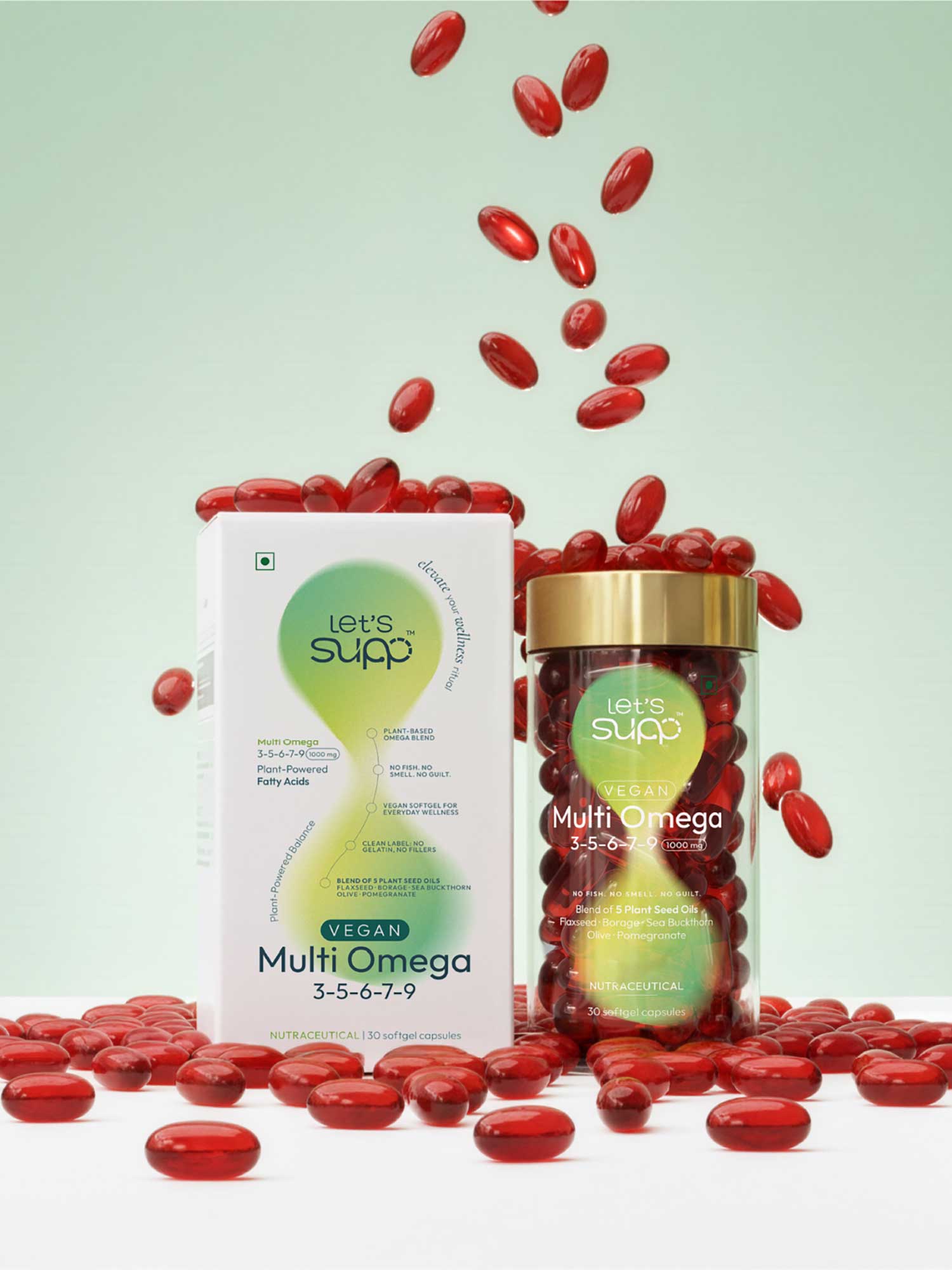 Let's Supp Vegan Omega packaging using colour to separate the product from the rest of the range
