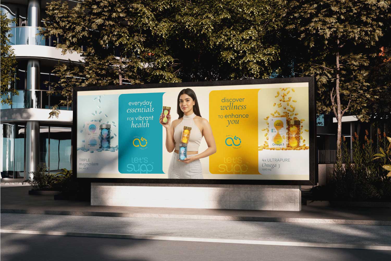 The complete Let's Supp packaging and brand identity system, from logo to shelf