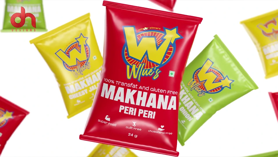 Assorted Wlue’s Makhana snack pouches with bold branding and flavor colors, packaging design by DN Designs branding agency