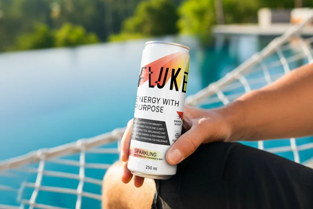 Close-up of a sparkling functional beverage can with clean energy drink packaging design held outdoors near water