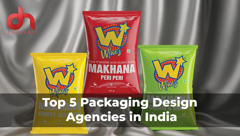 Colorful snack packaging designs for Wlue’s Makhana (Cheesy Jalapeno, Peri Peri, and Cream & Onion) displayed with the text “Top 5 Packaging Design Agencies in India” and DN Designs logo.